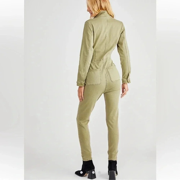 NWT Free People Lennox Denim Jumpsuit One Piece Utility Army Green Large Short - Picture 3 of 4